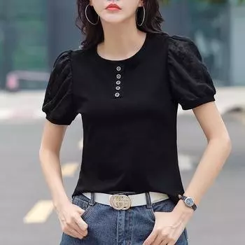 Летняя Лоскутная Кружевная Цветочная Хлопковая Футболка с пышными рукавами и пуговицами с круглым вырезом, женские элегантные женские тонкие модные топы S чёрный