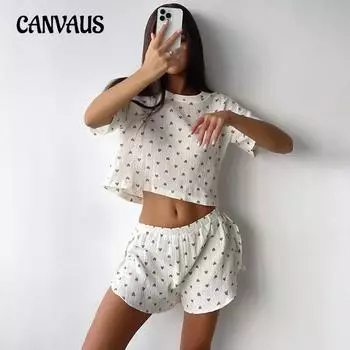 Летняя любовь принтованный хлопок женский пижамный костюм домашняя одежда короткий рукав разрез шорты комплект S хаки
