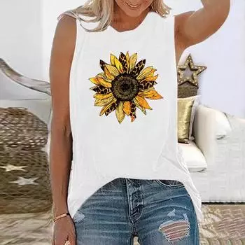 Летняя майка без рукавов с 3D-принтом подсолнуха, женская одежда в стиле ретро, футболка с круглым вырезом, футболка свободного кроя, одежда S