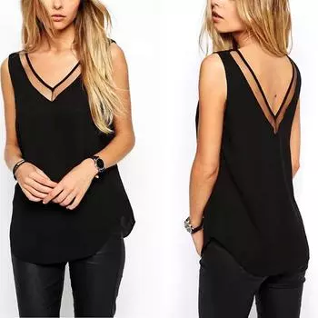 Летняя майка без рукавов с v-образным вырезом, женская прозрачная сетчатая шифоновая жилетка, футболка, блузки, топы, лоскутная повседневная майка S чёрный