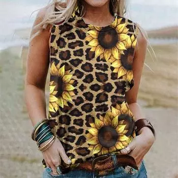 Летняя майка с 3D-принтом «Подсолнух» и леопардовым принтом для женщин, повседневная одежда Y2k, свободный жилет с открытыми плечами, без рукавов, женская майка S