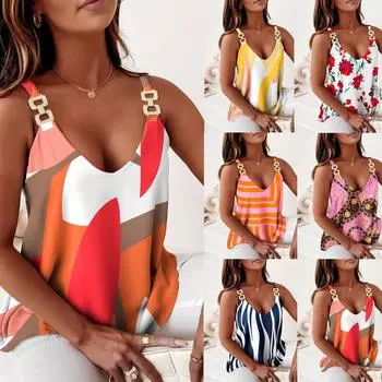 Летняя майка с v-образным вырезом и металлической пряжкой на бретеле с принтом, майка для женщин, блузка без рукавов S