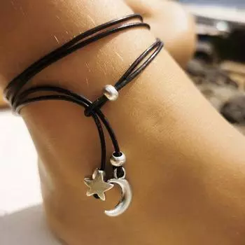 Летняя маленькая слива в стиле ретро, многослойная цепочка на щиколотку со звездой и луной, женские модные аксессуары для ног в богемном стиле star moon серебряный