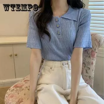 Летняя милая и крутая шикарная женская тонкая футболка с короткими рукавами и модным дизайном, нишевая вязаная футболка с воротником-поло, топ L белый