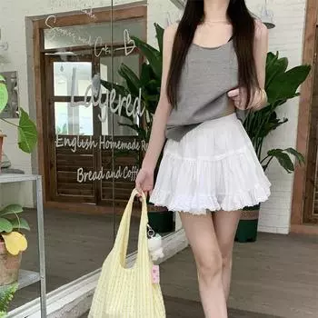 Летняя милая кружевная юбка женская 2024 Летняя мода с высокой талией тонкая пышная юбка трапециевидной формы черная эластичная юбка L белый