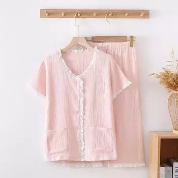 Летняя милая кружевная женская хлопковая марлевая пижама из чистого хлопка, тонкие капри с короткими рукавами для девочек, домашняя одежда, пижама M синий