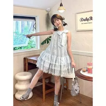 Летняя милая маленькая юбка с бантом юбка-понг платье короткая летняя новая милая кружевная юбка-понг S светло-синий