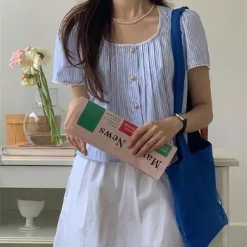 Летняя милая синяя полосатая кружевная рубашка в стиле пэчворк, женская рубашка с коротким рукавом, облегающая блузка с квадратным воротником, женская повседневная винтажная модная женская рубашка 25805 One Size синий