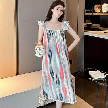 Летняя милая женская ночная рубашка-бретелька с тонкими рюшами по краям, ленивый стиль, средней длины, можно носить как верхнюю одежду для домашней одежды M
