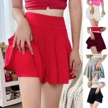 Летняя мини-юбка-солнце с высокой талией, однотонная повседневная юбка со складками на подкладке, женская анти-экспозиционная юбка L вино красного