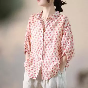 Летняя минималистичная хлопково-льняная блузка в горошек женская рубашка с рукавами 3/4 и волнистой точкой M красный