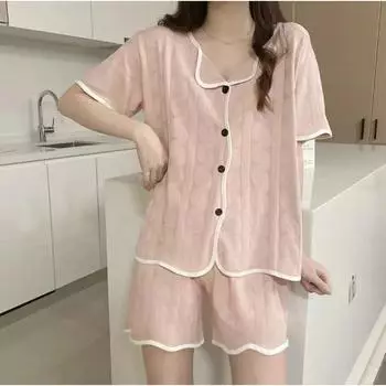 Летняя мисс. Версия простого комплекта пижамы с короткими рукавами и шортами для дома, комплект для девочек, свободный, простой, свободный, комплект для дома M розовый