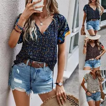 Летняя мода 2023, повседневная свободная рубашка с v-образным вырезом и принтом в этническом стиле, короткий рукав, топ-рубашка S красный