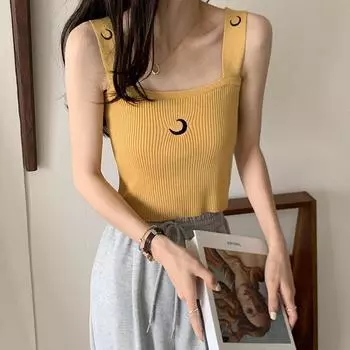 Летняя мода 2023, женская майка, тонкий вязаный топ в рубчик, с принтом Луны, широкий пояс на бретельках, топ на бретелях, облегающий топ One Size чёрный