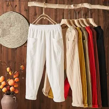 Летняя мода 2024, хлопковые и льняные девятиминутные брюки, женские тонкие свободные тонкие прямые брюки с высокой талией, женские брюки-гарлем One Size