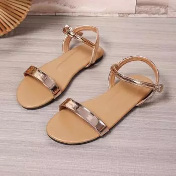 Летняя мода 2025 Блестящая кожа Носок Одна линия Кожаный ремешок с пряжкой Универсальные женские модные сандалии 35 жёлтый