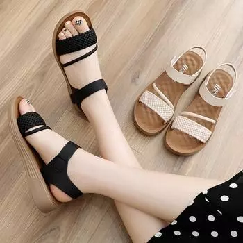 Летняя мода 2025 года: Босоножки на танкетке с мягкой подошвой для женщин среднего возраста 39 чёрный