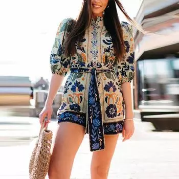 Летняя мода 2025 года, новый женский элегантный бохо-комбинезон для улицы, однобортный уличный комбинезон с принтом и бретелями S