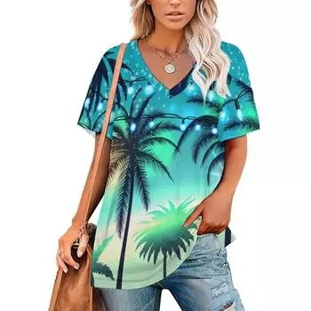 Летняя мода 3D цветочные принты футболки женская одежда футболки топы женские повседневные короткие рукава V-образный вырез свободная блузка XS