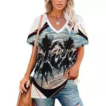 Летняя мода 3D цветочные принты футболки женская одежда футболки топы женские повседневные короткие рукава V-образный вырез свободная блузка S