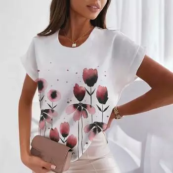 Летняя мода 3D цветочный принт женские футболки повседневные с круглым вырезом короткий рукав удобный топ милая свободная женская одежда XS