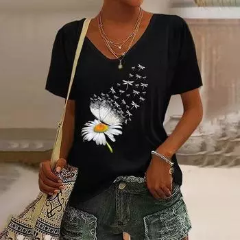 Летняя мода 3D-принт Daisy Футболка Женская уличная одежда Повседневные футболки Y2k Топы Женские футболки Harajuku с V-образным вырезом Оверсайз Одежда S