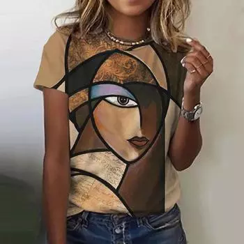 Летняя мода Абстрактная девушка Раскраска лица Harajuku Цветная футболка с 3d принтом Красивая футболка с короткими рукавами негабаритная одежда S