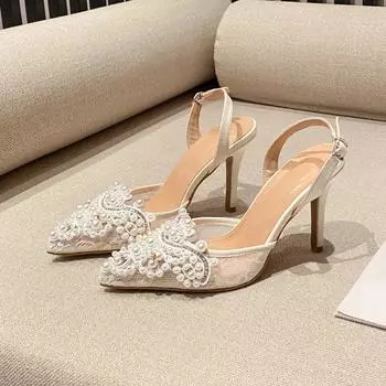 Летняя мода белые жемчужные дизайнерские босоножки женские свадебные туфли-лодочки с открытым носком из сетки мюли на высоком каблуке выпускные туфли 35