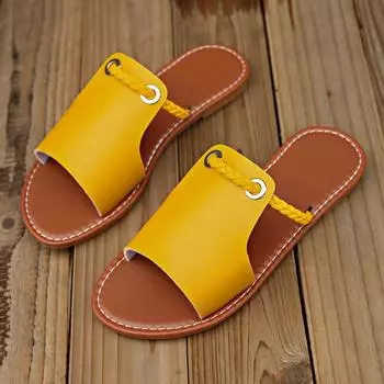 Летняя мода больших размеров Новые шлепанцы Круглый носок Открытый носок Плетеные Простые Пляжные Повседневные Мягкие Слипоны Плоские Шлепанцы 36 жёлтый