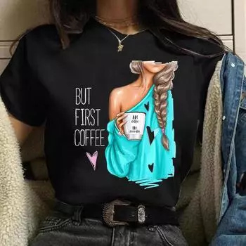 Летняя мода Coffee Girl Urban Base Shirt Круглый вырез Чистый хлопок Короткие рукава Женские футболки Женские S