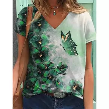 Летняя мода Цветочные бабочки 3D принт футболка женская уличная одежда повседневные футболки Y2k топы женские футболки с V-образным вырезом свободные размеры одежда S