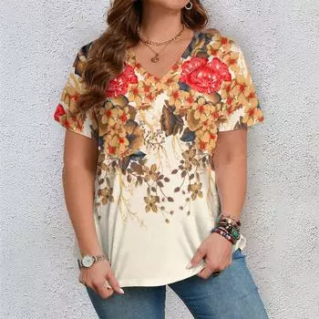 Летняя мода Цветочный 3D принт Футболка Женская уличная одежда Повседневные футболки Y2k Топы Женские футболки Harajuku с V-образным вырезом Оверсайз Одежда S