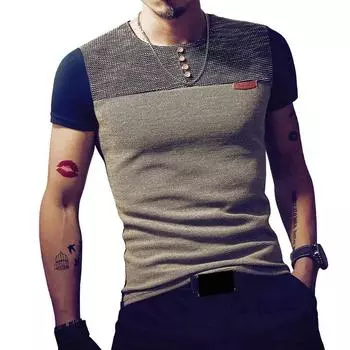 Летняя мода Дизайн Мужская футболка Повседневная лоскутная футболка с коротким рукавом Мужская пуговица с круглым вырезом Slim Fit Хип-хоп Топ Футболки 5XL 4XL темно-синий