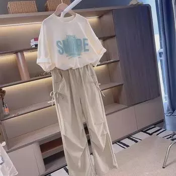 Летняя мода для девочек 2024 года: Повседневный костюм-двойка, круглый вырез, короткий рукав — идеально подходит для детей среднего и крупного возраста. 130 cm