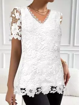 Летняя мода для девочек, элегантная, сексуальная, с V-образным вырезом, кружевная, с коротким рукавом, женская верхняя одежда, ажурные блузки, уличная одежда для отдыха S розовый