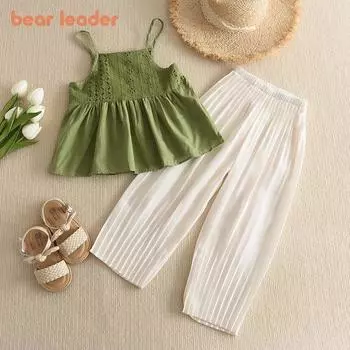 Летняя мода для девочек Bear Leader, простой однотонный топ на подтяжках + свободные брюки, милый комплект из двух предметов для детей 2–7 лет, детская одежда AH9458 2T