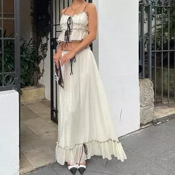 Летняя мода французский сексуальный праздничный стиль топ-халтер тонкий темперамент длинная юбка костюм S белый
