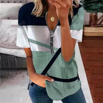Летняя мода Футболка с принтом с v-образным вырезом, хлопковая модная женская футболка на молнии 2023, базовая футболка, повседневная свободная рубашка, футболка с коротким рукавом, верхняя одежда 25118 S синий