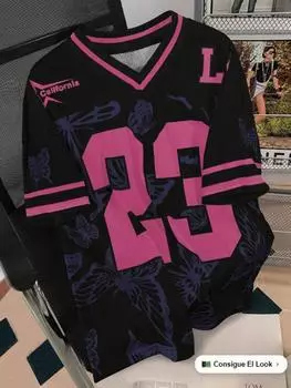 Летняя мода футболка женская с принтом бабочки V-образный вырез сетка короткий рукав спортивная футбольная форма свободная женская одежда XS