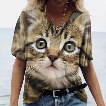 Летняя мода Футболки с 3D-принтом «Животные кошки» Женские футболки с V-образным вырезом Большие женские футболки Топы Уличная одежда Harajuku Y2k Одежда S