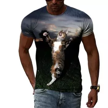 Летняя мода Футболки с рисунком кота для мужчин Повседневные футболки с 3D-принтом Хип-хоп Личность Круглый вырез Короткий рукав Топы S