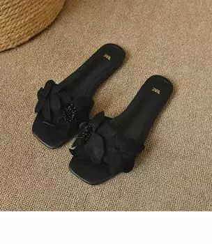 Летняя мода искусственная замша цветок квадратный носок плоский каблук для женщин тапочки сандалии на плоской подошве пляжные шлепанцы Zapatos 35 чёрный