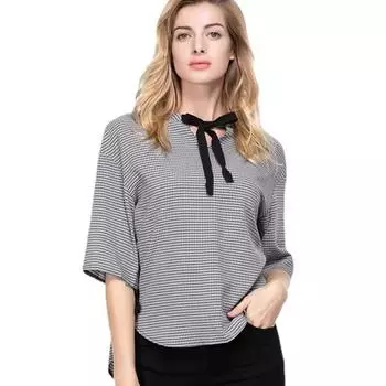 Летняя мода клетчатая повседневная рубашка женская с коротким рукавом V-образным вырезом милая шнуровка бант рубашки больших размеров женские свободные женские топы блузки женская одежда 5206 S чёрный