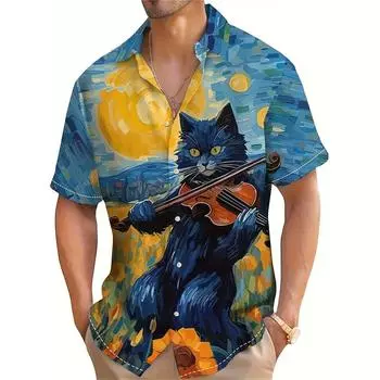 Летняя мода Кот играет на скрипке на поле подсолнечника принт масляной живописи мужская рубашка с коротким рукавом музыкальный фестиваль свободные топы S