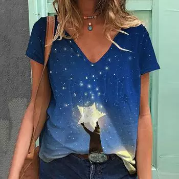 Летняя мода Креативное небо 3D принт футболка женская уличная одежда повседневные футболки топы женские Harajuku V-образный вырез футболки свободные размеры одежда S