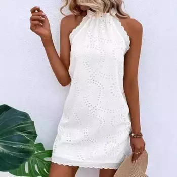 Летняя мода круглый вырез вышитый Craft свободного покроя платье S белый
