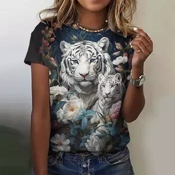 Летняя мода круглый вырез женский топ 3D принт с животными и цветочными узорами футболка повседневная свободная футболка с коротким рукавом S