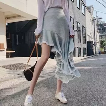 Летняя мода кружева нерегулярные элегантные длинные юбки женские с высокой талией однотонные оборки А-силуэта женская юбка винтажная облегающая повседневная женская юбка 26008 One Size мятный