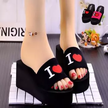 Летняя мода Love женские тапочки на танкетке свободные пляжные женские тапочки на платформе на высоком каблуке однотонные летние туфли 5 чёрный