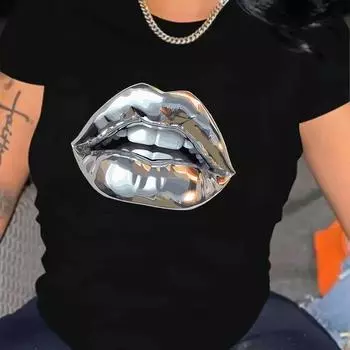 Летняя мода металлический принт губы повседневная свободная круглая горловина с коротким рукавом футболки женские S темно-серого
